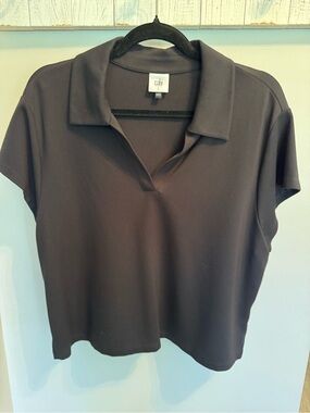 CAbi Kudos Top #6740 Black Polo-Style Short Sleeve Top with V-Notch Collar